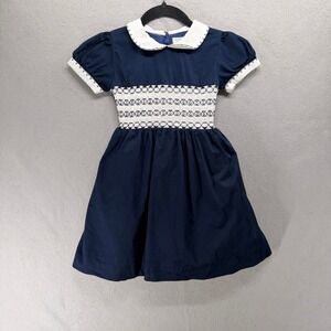 Rachel Riley Heritage Collection Dress Girls 6Y Peter Pan Collar Navy Smocked